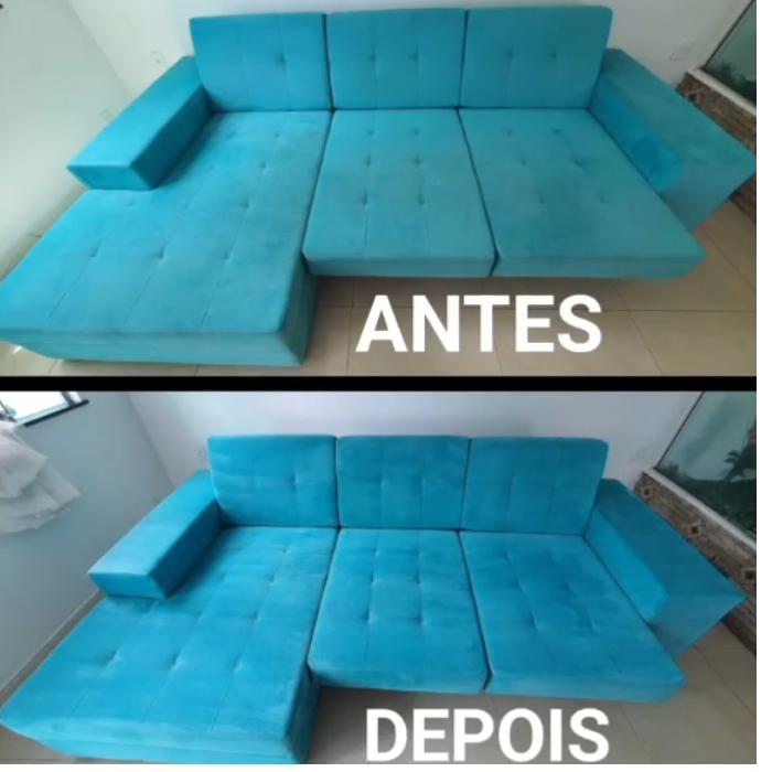Sofá turquesa antes e depois